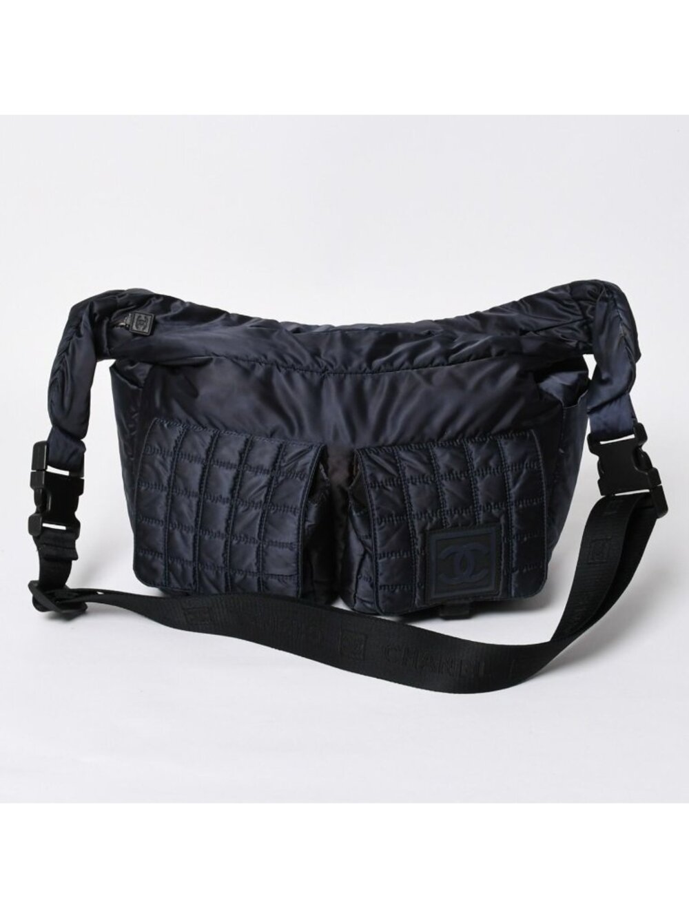 Chanel Sports Line Bag CC Logo Choco Bar Nylon Navy Silver